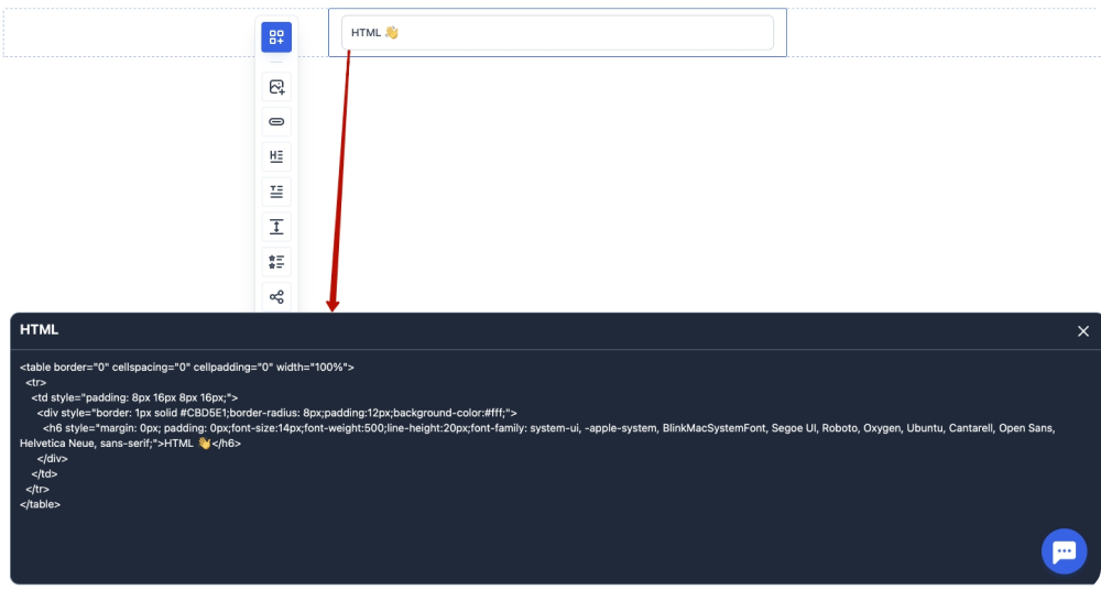 Так выглядит открытый HTML-блок в конструкторе писем